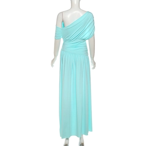 Detail of light blue one-shoulder maxi dress showing waist pleats and fabric texture