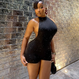 Women Sexy Halter Backless Romper Rhinestone Sequin Bodycon Clubwear Sleeveless Nightclub Jumpsuit Short Pant Outfit