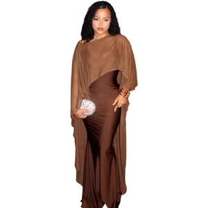 Brown slim fit maxi slip dress with asymmetric sheer shawl for elegant evening wear