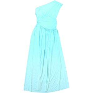 Detail of the elegant one-shoulder neckline and side ruching on this light blue summer dress