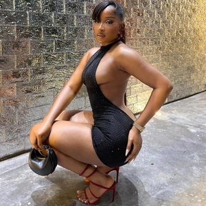 Sexy black sequined backless halter romper bodysuit for women with side slit