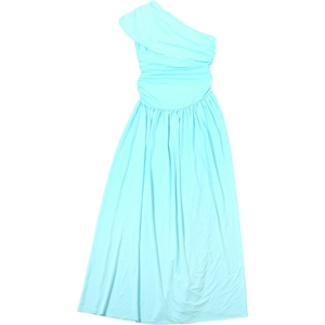Detail of light blue one-shoulder maxi dress with horizontal pleats and flared hem