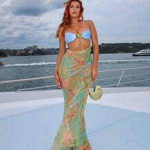 Sexy Backless Halter Maxi Dress Women Bohemian Paisley Print Cutout Waist Contrast Color Long Dress Resort Party Outfit