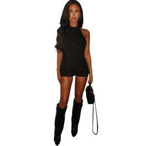 Chic black sequin halter romper for women featuring a backless design and slim fit style