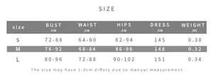 Size guide table for slim fit maxi dress showing bust, waist, and hip measurements in cm