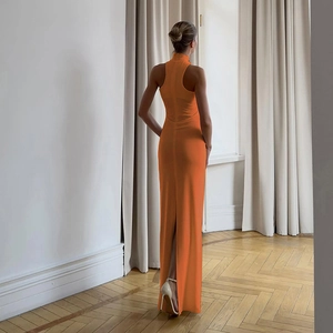 Detail of slim fit orange halter neck maxi dress with elegant back slit design