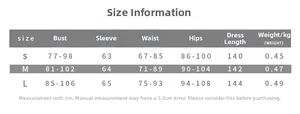 Size chart for women's backless maxi dress with bust and waist measurements in cm
