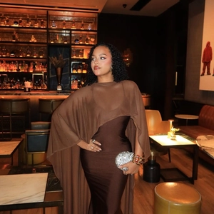 Elegant coffee brown slim fit maxi dress with a sheer matching shawl for formal events
