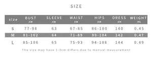 Detailed size chart for the backless long sleeve dress in sizes S, M, and L