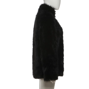 Detail of black faux fur jacket showing plush long-hair texture and high collar on mannequin