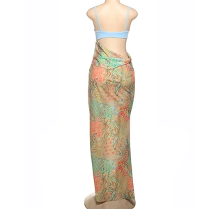 Detail of colorful paisley print and backless halter design on a sexy summer maxi dress