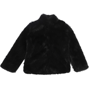 Detailed close-up of premium black faux fur texture on this plush stand collar jacket