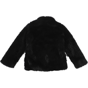 Back view of a fluffy black faux fur coat with high collar and plush texture
