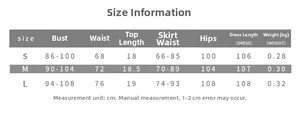 Detailed size chart for the sexy halter top and ruffled maxi skirt set in sizes S, M, L