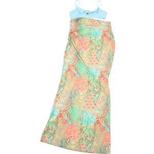 Detail view of light blue crop top and high waist paisley maxi skirt bohemian set