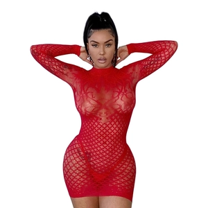Vestito corto sexy rosso a maniche lunghe in pizzo traforato con vita alta