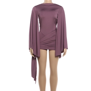 Detail of purple ruched mini dress with dramatic flared cape sleeves for women