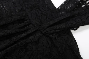 Gros plan sur de la dentelle noire montrant des motifs floraux et des détails de couture