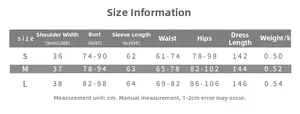 Detailed size chart for mesh maxi dress showing measurements for S, M and L sizes