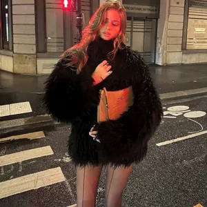 Women Elegant Black Faux Fur Coat Oversized High Neck Long Sleeve Warm Winter Outerwear Casual Streetwear Jacket