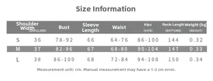 Detailed size chart for backless long sleeve jumpsuit showing S, M, L measurements in cm