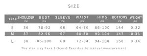 Detailed size chart for the backless hooded long sleeve bodycon jumpsuit showing S to L measurements