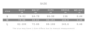 Tabella taglie dettagliata per abito lungo stampato slim fit con misure di busto e vita