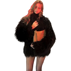 Luxurious black faux fur coat with high collar and long sleeves for winter fashion