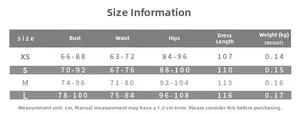 Tableau des tailles détaillé pour la robe dos nu avec mesures du XS au L en cm