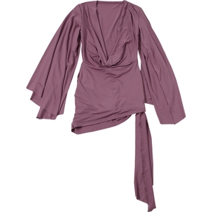 Close-up of dark purple V-neck romper dress with bell sleeves and draped fabric details