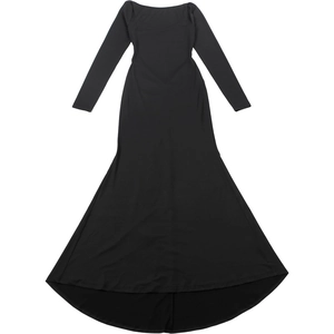 Detail of a black long sleeve bodycon dress with an elegant fishtail hem and open back style