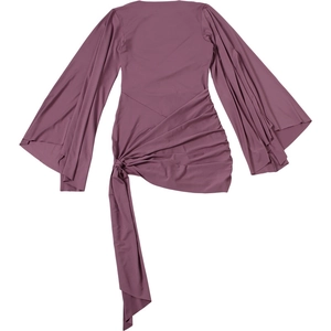 Close-up of mauve backless jumpsuit dress with flared sleeves and ruched lace-up detail