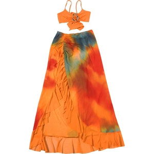 Detail of orange halter top with metal ring and ruffled tie-dye maxi skirt set