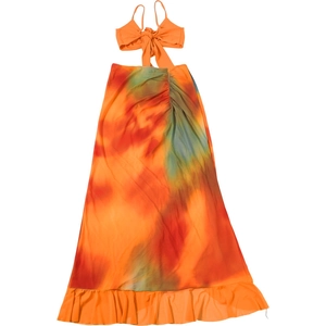 Detail of ruffled hem and gradient tie-dye pattern on this two-piece resort maxi skirt set