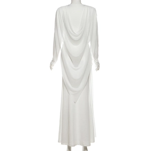 Detail of elegant white long-sleeve maxi dress with draped cowl back and floor-length silhouette