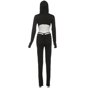 Detailed back view of sexy backless jumpsuit with hooded sleeves and ruched detail