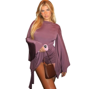 Elegant purple backless mini dress with long flared sleeves and sleek bodycon fit
