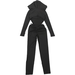 Detailed view of sexy backless jumpsuit featuring ruched lifting and hooded cut-out design