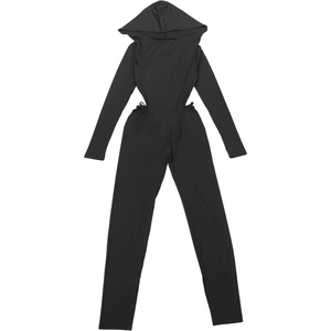 Front view of black hooded jumpsuit featuring waist cut-outs and a slim-fit silhouette