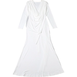 Detail of elegant white long sleeve maxi dress featuring deep V-neck and draped pleats