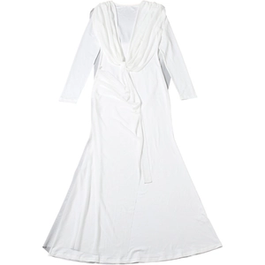 Detail of elegant V-neck twist and gathered draping on a white long-sleeved dress
