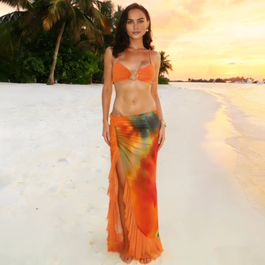 Women Sexy Halter Top And Bottom Outfit Tie Dye Split Ruffle Long Skirt Bohemian Vacation Beach Costume