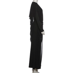 Side view of elegant black mesh long dress with asymmetric draped layers and floor length