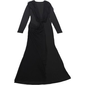 Detail of elegant V-neck mesh patchwork long black evening dress with knot texture