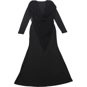 Detail of the elegant draped deep V-neckline and smooth black fabric of the maxi dress