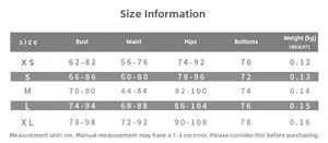 Detailed size chart for backless jumpsuit including bust, waist, hips, and length