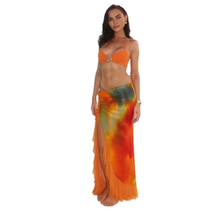 Sexy orange bikini set with tie-dye ruffled maxi skirt and gold ring detail