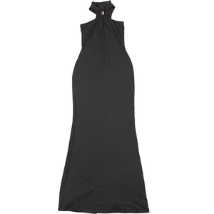 Detailed view of black halter neck dress featuring a golden ring ornament at the neckline