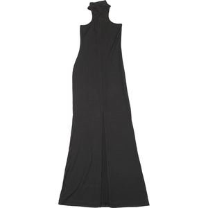 Detail of a slim fit black maxi dress featuring a halter neck and high side slit