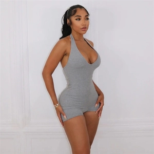 Detail view of grey halter neck ribbed bodysuit with a sexy backless cut for women